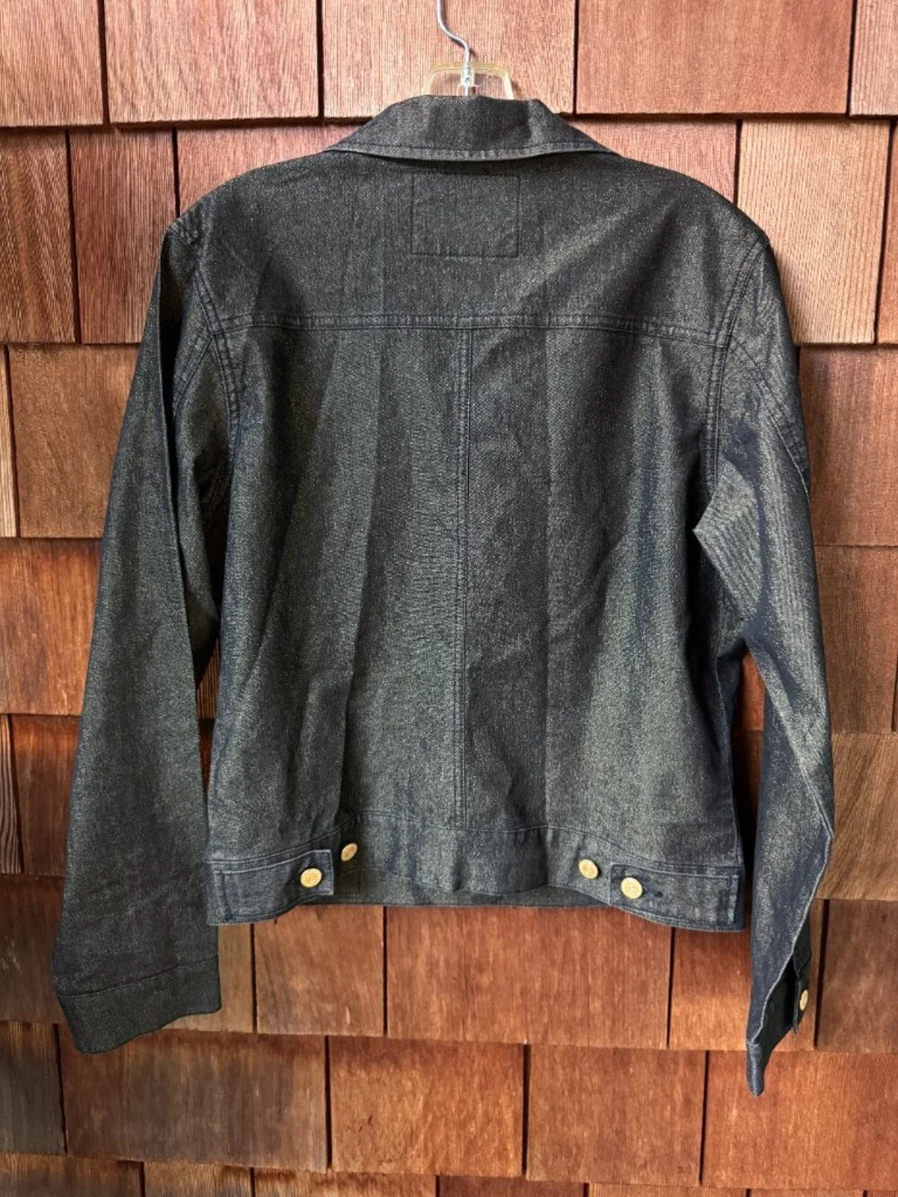 Vintage GUESS Metallic Gold Thread Black Denim Trucker Jacket in Women's Large